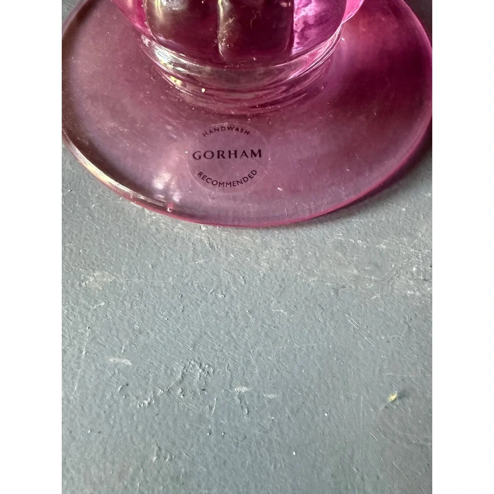 Gorham Etched Crystal Vase Pink Base Floral Butterfly Scalloped Hurricane Glass